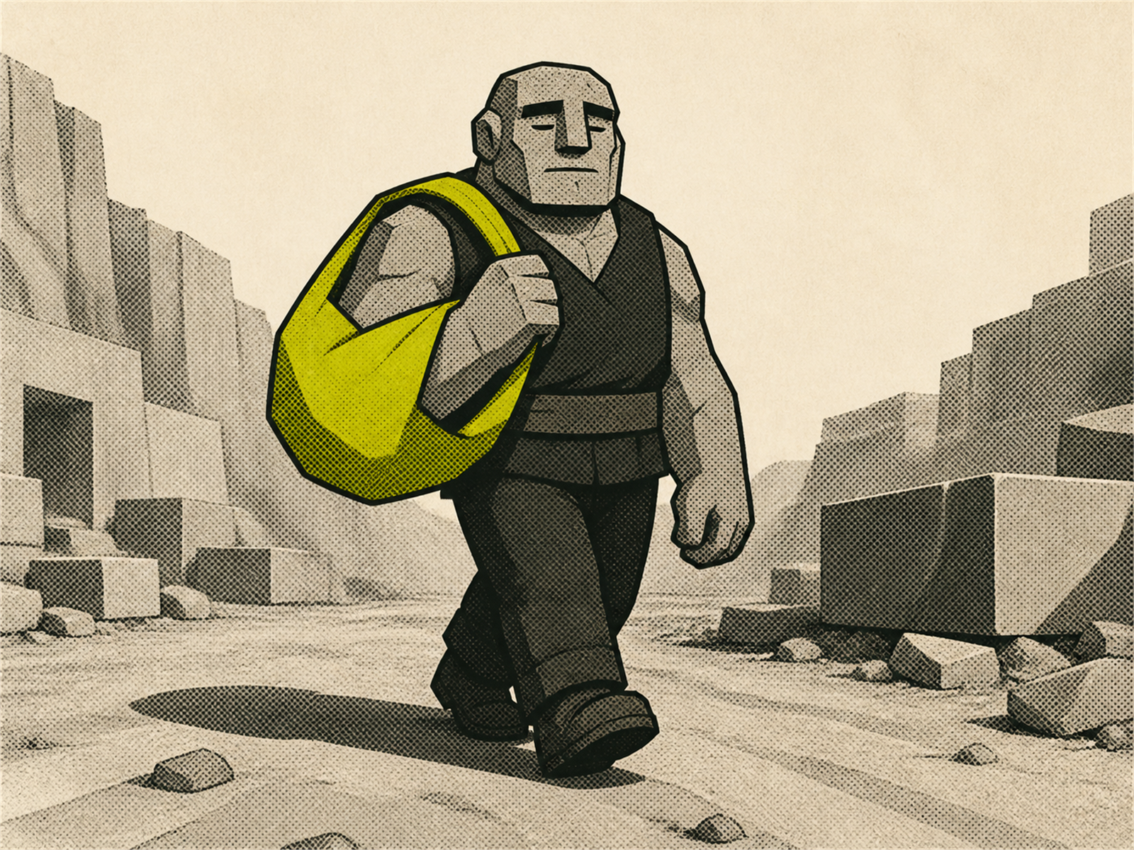 A rough stone titan carrying an oversized acid-green trading bag.